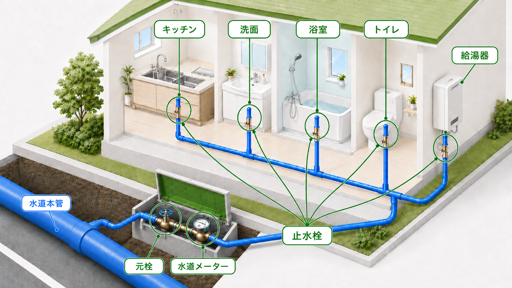 家全体の給水経路図。道路下の水道本管から分かれた水が、水道メーターと元栓を通って各設備（キッチン・トイレ・お風呂など）に届く流れの図解。元栓を閉めれば家全体の水がまとめて止まる